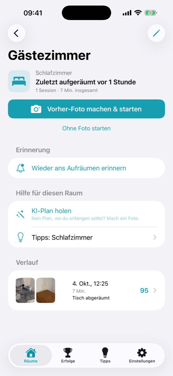 Zimmerklar-Bildschirm für den Bereich „Gästezimmer“ mit der Schaltfläche „Vorher-Foto machen & starten“.