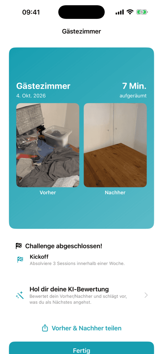 Vorher-Nachher-Ansicht in Zimmerklar mit zwei Fotos desselben Zimmers.