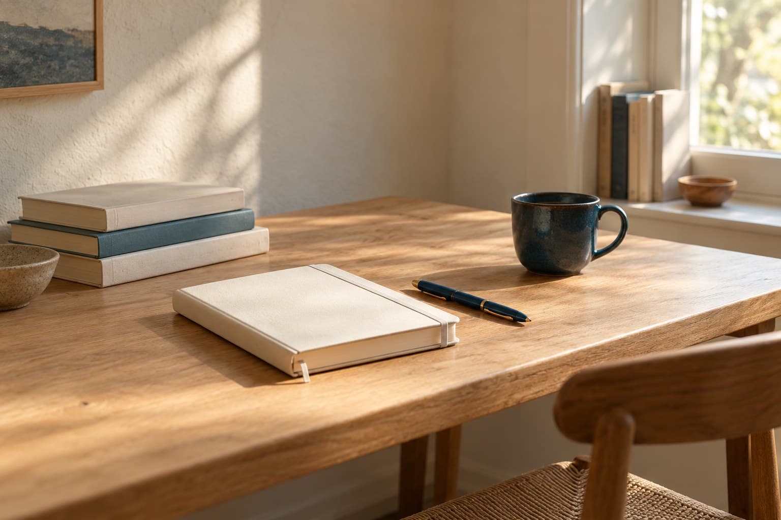 Aufgeräumter Holztisch im Morgenlicht mit Notizbuch, Füller, Tasse und einem kleinen Bücherstapel.